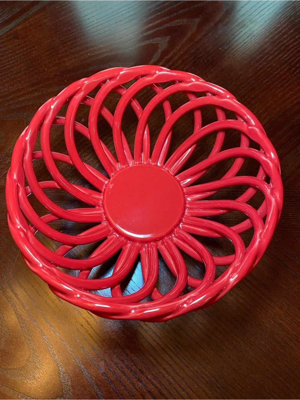 Vibrant Red Ceramic Open Weave Lattice Decorative Bread or Fruit Bowl 8.5 inch